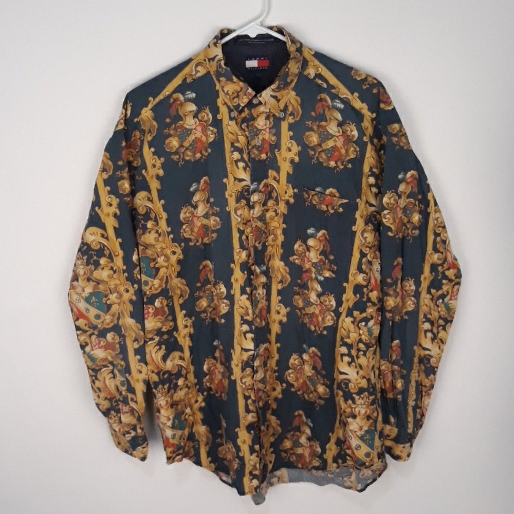 TOMMY HILFIGER Navy Gold BAROQUE Mens Large Long Sleeve Shirt RARE‎